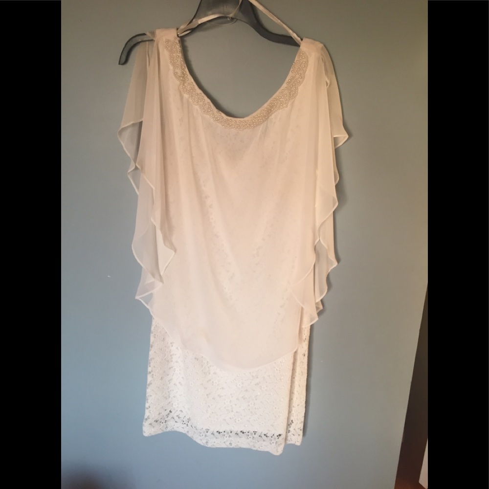 Chiffon and lace cream dress with pearl trim